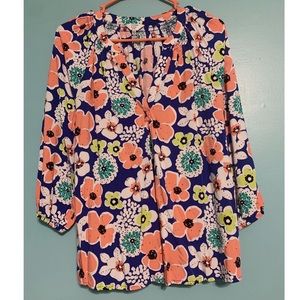 CROWN & IVY | Blue + Floral Print Boho Blouse PXL